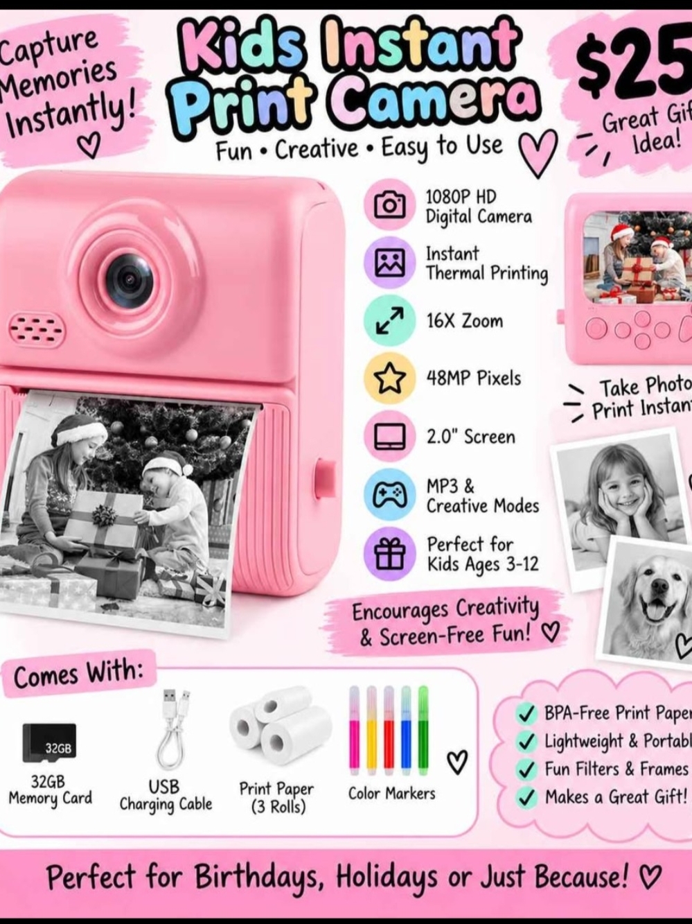 Kids Instant Print Camera - Pink